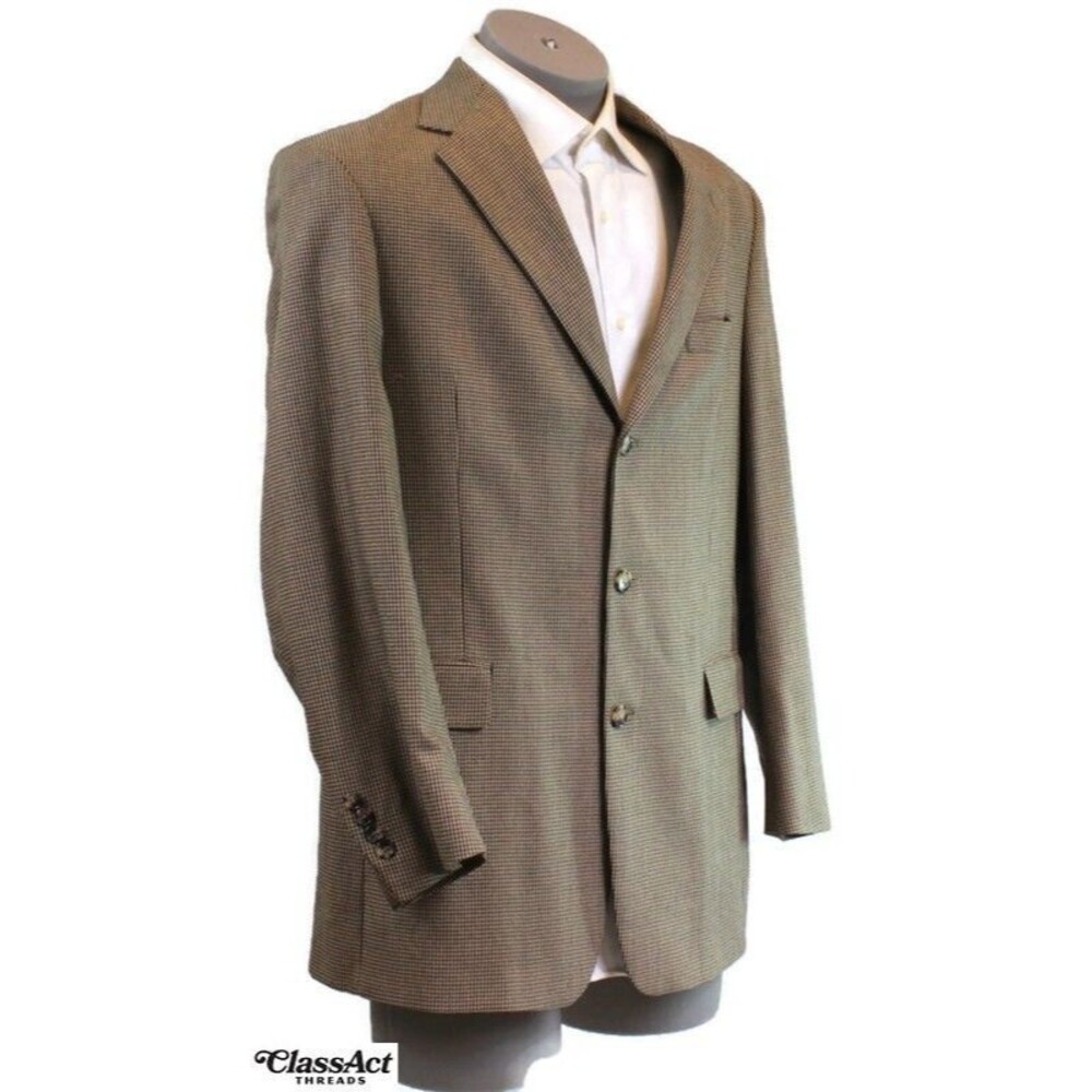 Graham & Gunn Men’s Wool Brown Houndstooth Plaid 3 Btn Blazer Sport Coat 42R